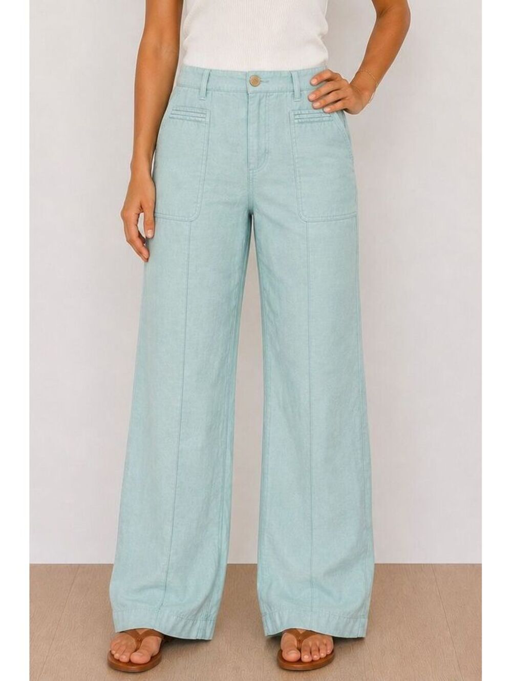 Nicole Miller New York 100% Linen Pants Women's L Seafoam Green Coastal